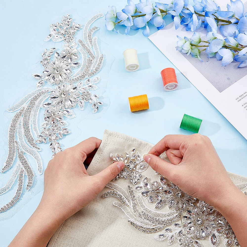 2Pcs Flower Lace Bead Applique Handmade Rhinestones Appliques Embroidery Floral Patch Sewing Beads Trim Patch Sparkly Sequins Beaded Applique for