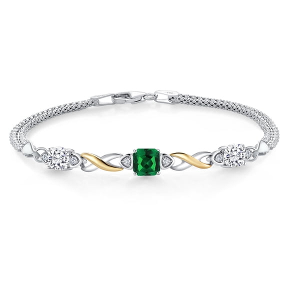 925 Silver and 10K Yellow Gold Green Nano Emerald and White Moissanite and White Lab Grown Diamond Bracelet for Women (2.35 Cttw, Gemstone May Birthstone, Cushion 6MM, 6.5 inches, Made in Italy)