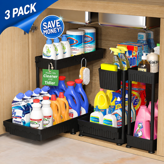 Tmtamye 3-Pack 2-Tier L-Shaped Under Sink Organizers with Sliding Drawers, Black