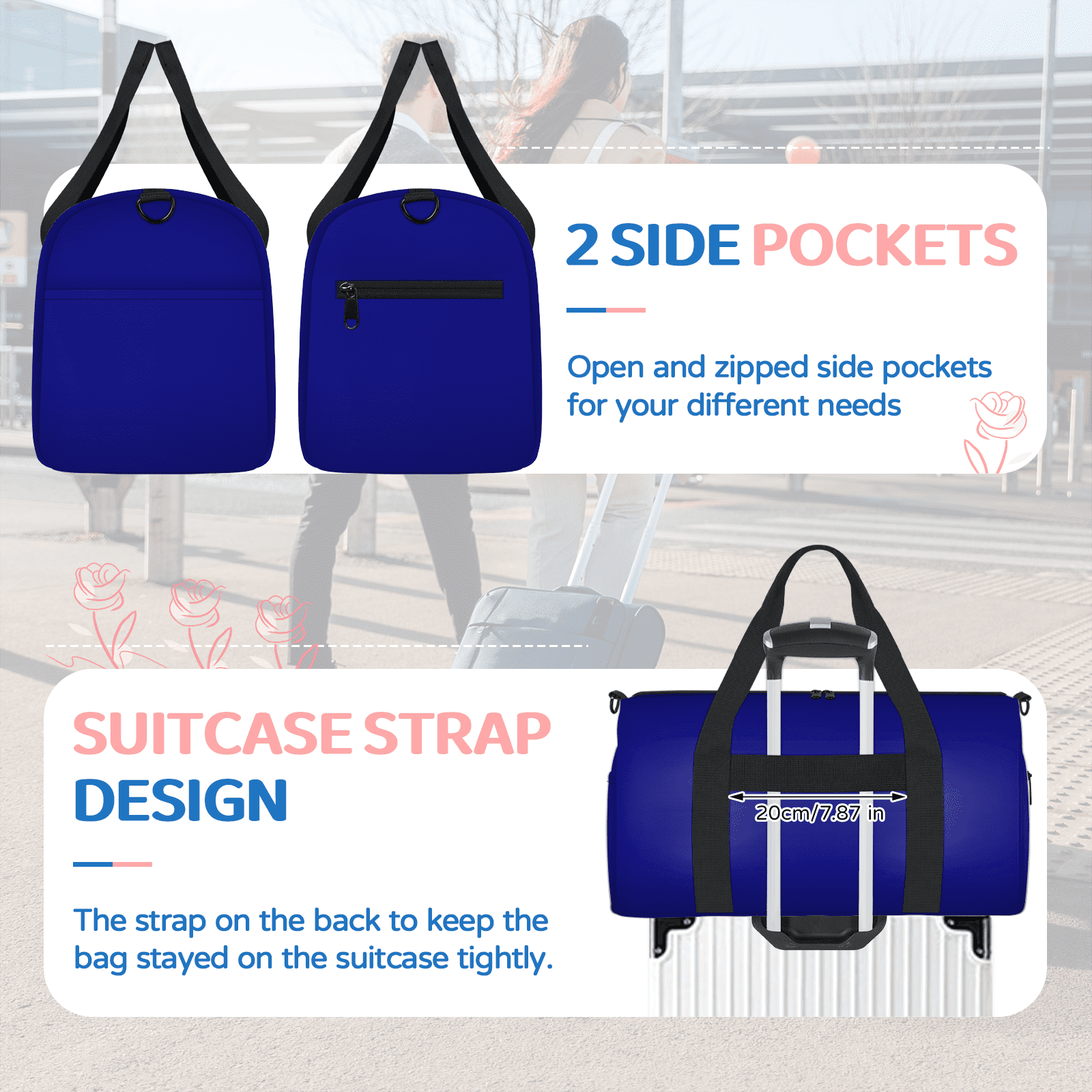 Herdesigns Navy Blue Travel Duffle Bag Sports Yoga Weekender Overnight Carry on Workout Bags Lightweight Waterproof Gym Tote Bag for Women