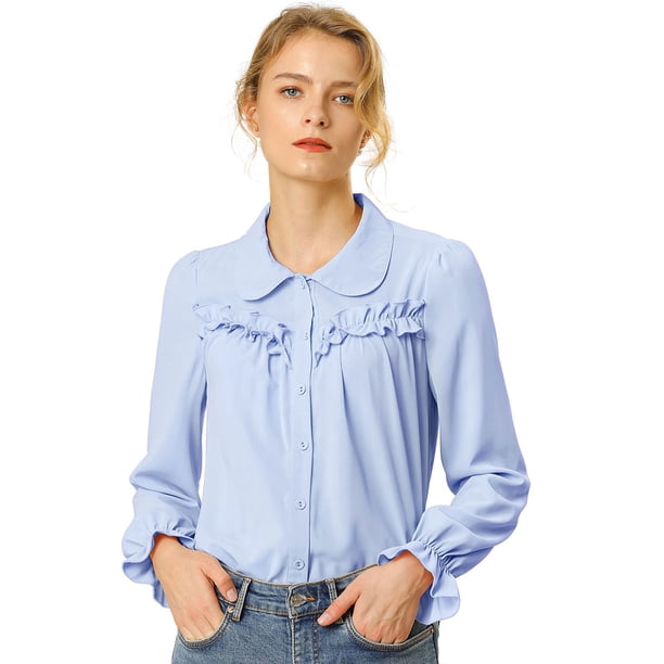 Blusa Camisa Tops Allegra K Detalle De Volantes Manga Larga Puño Elástico Azul Claro S