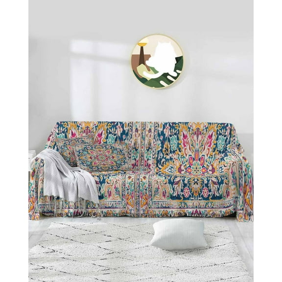 Boho Ethnic Floral Sofa Covers for 3 Cushion Couch,Washable Sectional & L Shape Couch Covers for Dog/Cat/Kids,Vintage Farmhouse Bohemia Mandala Non Slip Sofa Slipcover Tassel Futon Cover 71x150