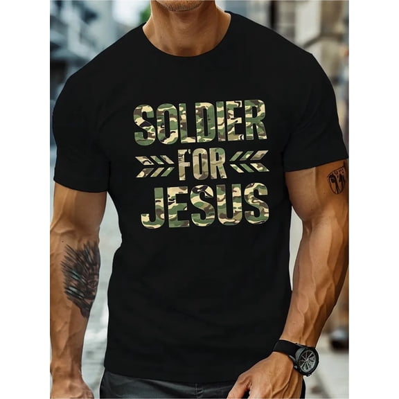 Men's Black "Soldier for Jesus" Camouflage Print Short Sleeve T-Shirt - Casual Cotton Knit, Machine Washable, Refreshing Rainy Day Wear