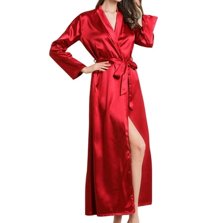

Frontwalk Women Loose V Neck Robe Solid Color Lightweight Pajamas Long Sleeve Sleeping Dressing Gown Red XL
