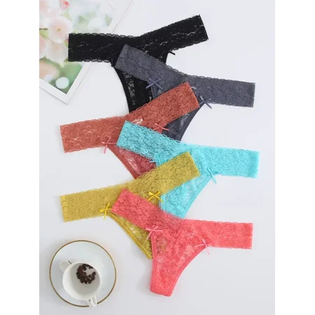

6pcs Women‘s Sexy Lace Cheeky Thong Underwear Nylon Hipster See Through Panties