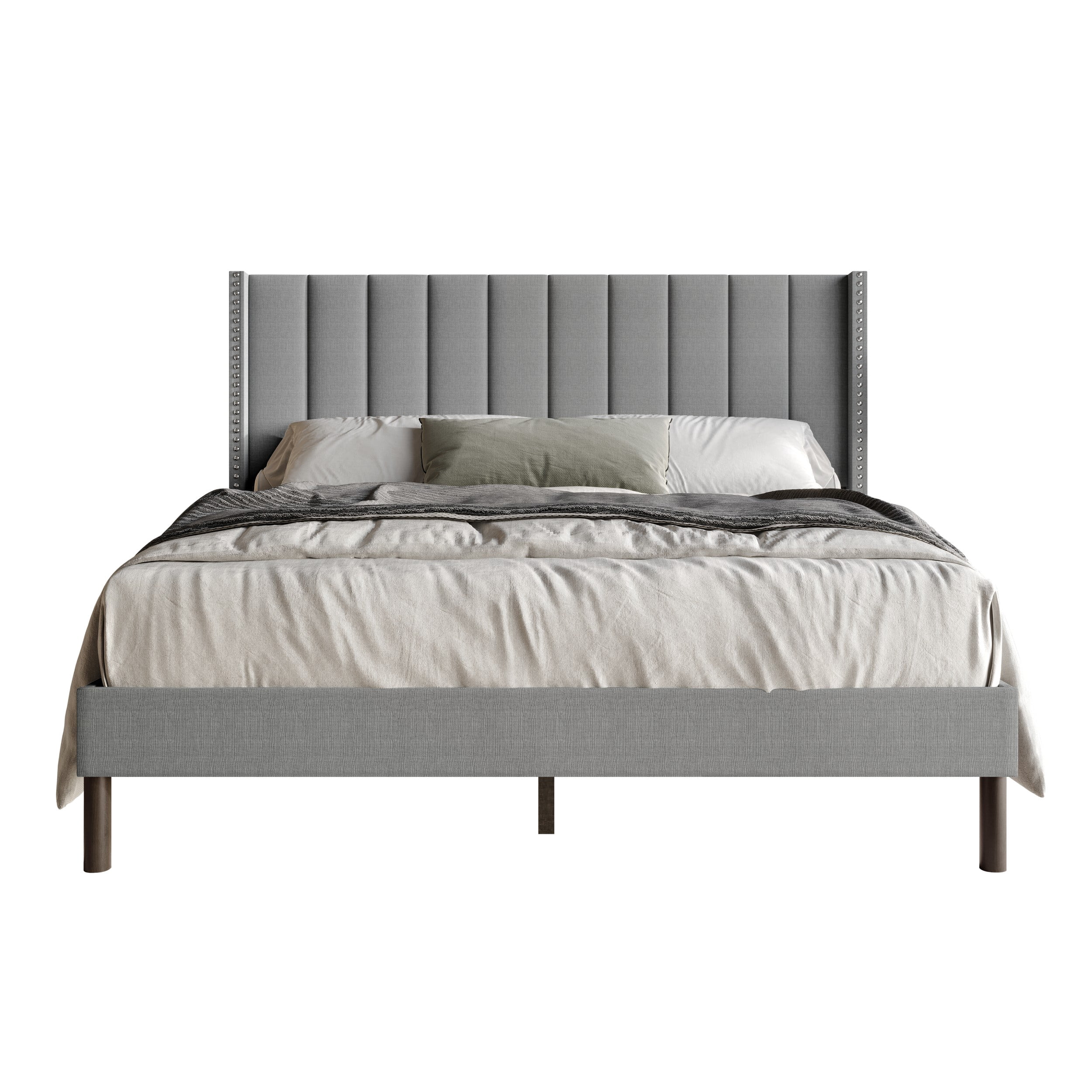 Home Design Odessa Queen Linen Upholstered Wingback Panel Bed Frame with Vertical Channel Tufting & Nailhead Trim, Gray, Easy Assembly