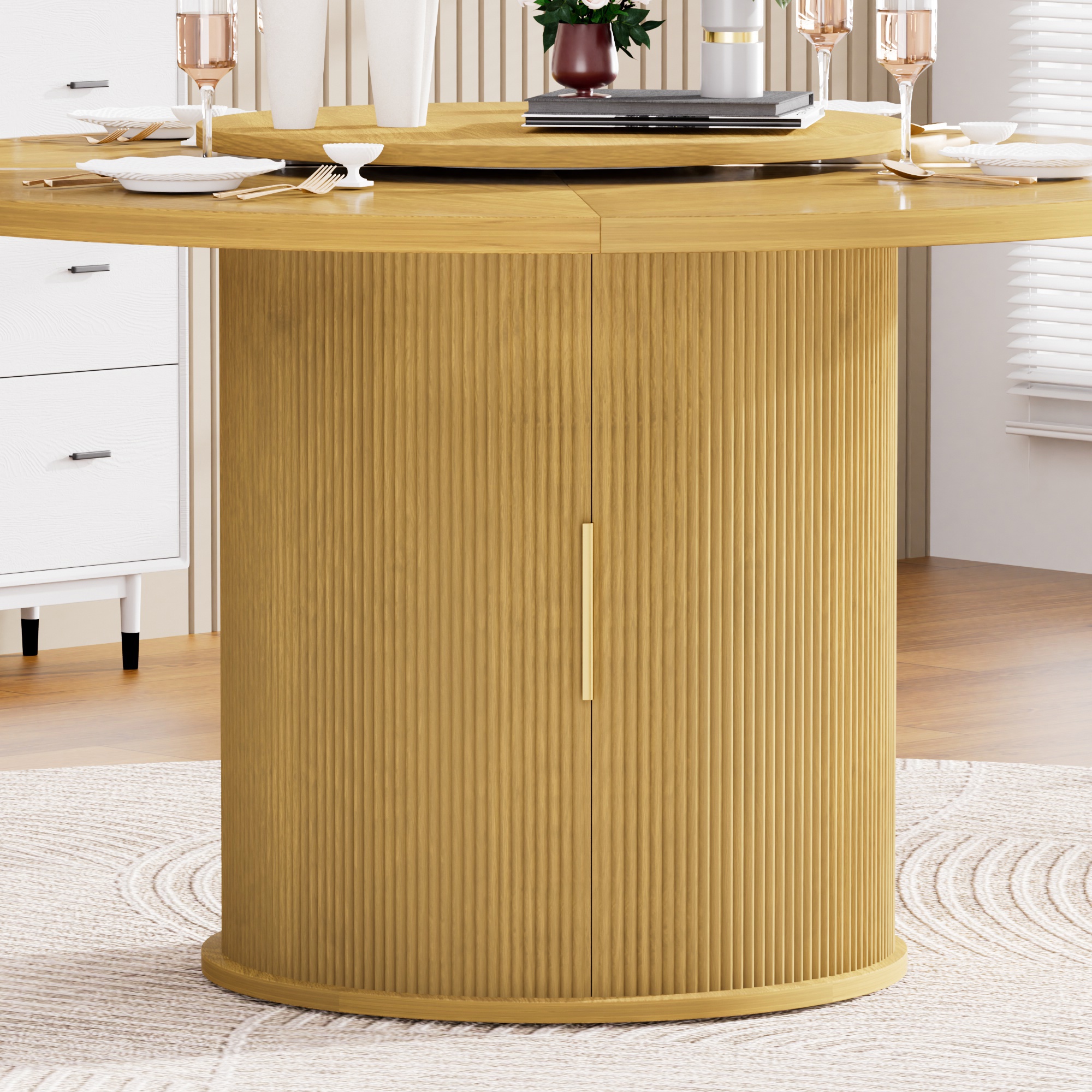 PORKISS Modern Round Dining Table, 55 Inch Circle Kitchen Tables for 6 with Double-tiered Storage Rack and Rotating Tabletop Tray, Wood Strip Base, Farmhouse Table for Kitchen, Dining Room, Natural