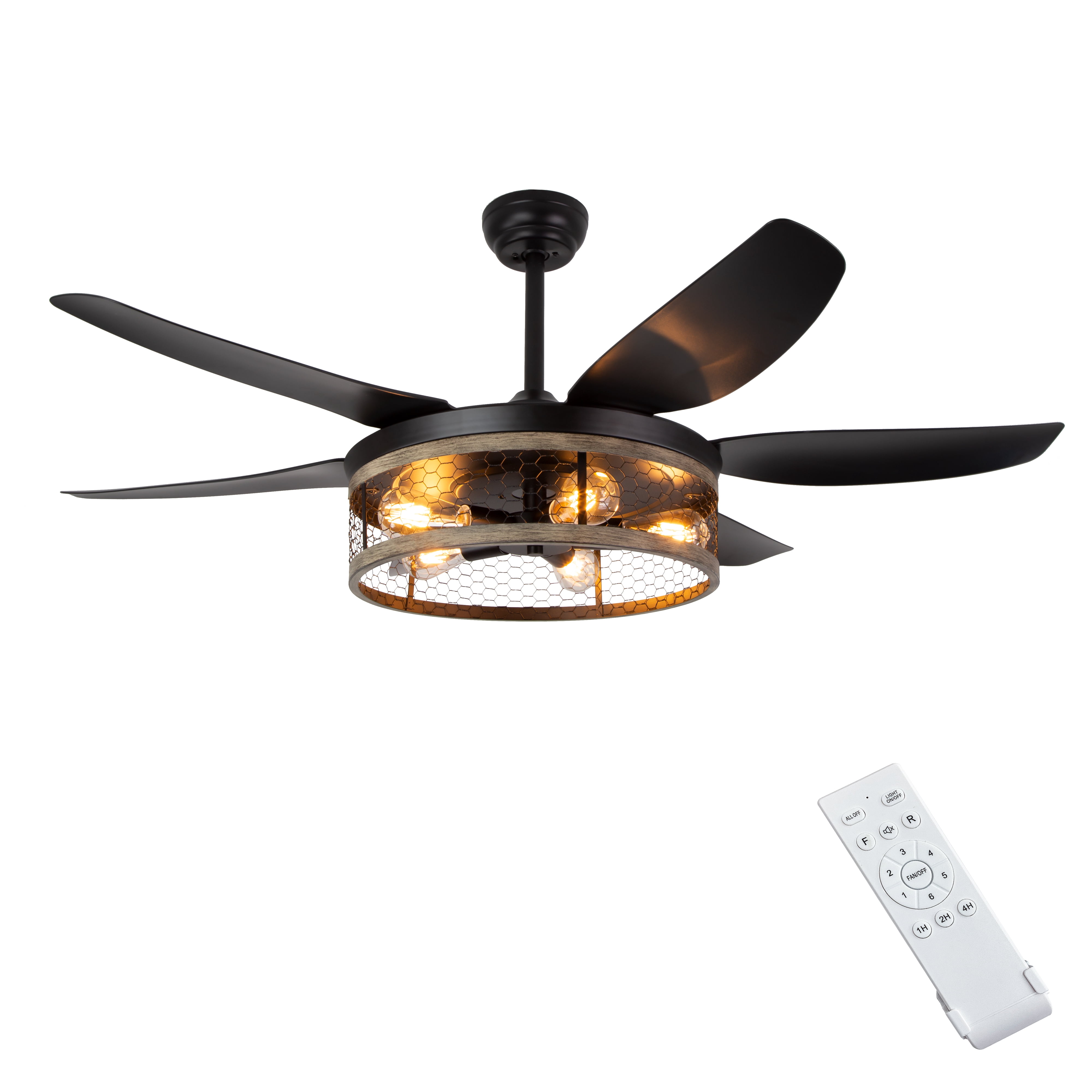 Ohniyou 52" Caged Farmhouse Ceiling Fan with Lights and Remote 6 Blades Fandalier Indoor Outdoor Ceiling Fans for Patio Living Room Kitchen, Black