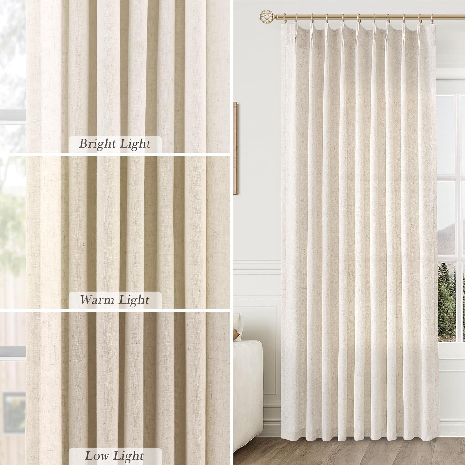 Natural Pinch Pleated Linen Curtains 84 Inch Length 2 Panels for Living Room Bedroom Cream Semi Sheer Window Curtain Boho Neutral Back Tab Pinch Pleat Drape with Hooks 84 Inches Long