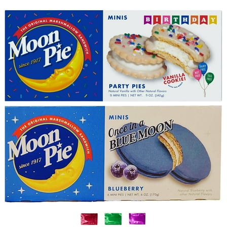 MoonPie Birthday Cake Vanilla & Blueberry Mini Cookie Sandwich Snacks Variety Pack of 2, Marshmallow Filled Treats Pies for Lunchbox Travel with Snoep in Beperkte Oplage