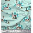 thumbnail image 1 of Soimoi Green polyester Crepe Fabric Clock Tower,Airplane & Forklift Truck Transport Printed Craft Fabric by the Yard 52 Inch Wide, 1 of 1