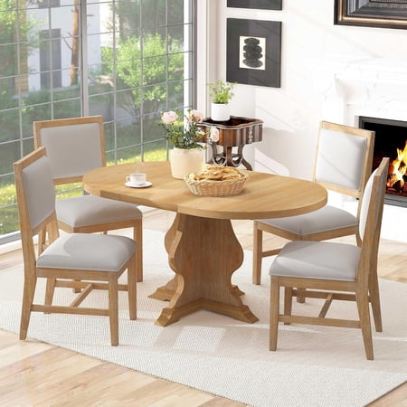 LJAN 5-Piece Farmhouse Extendable Dining Table Set with the extendable table and four upholstered chairs for Kitchen Dining Room Natural Wood Wash