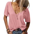 thumbnail image 2 of Deep V-neck Women Short Sleeved Casual Solid Colro T-shirt Tops, 2 of 4