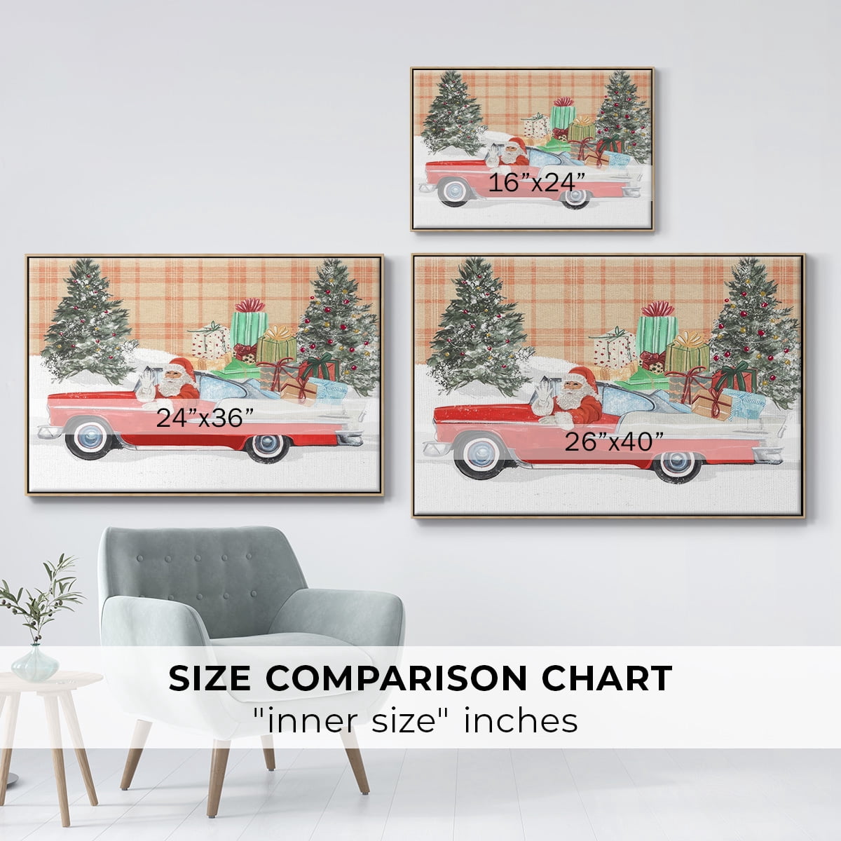 Santa on Wheels II - Framed Gallery Wrapped Holiday Canvas - 17 x 25 - Natural Wood Frame