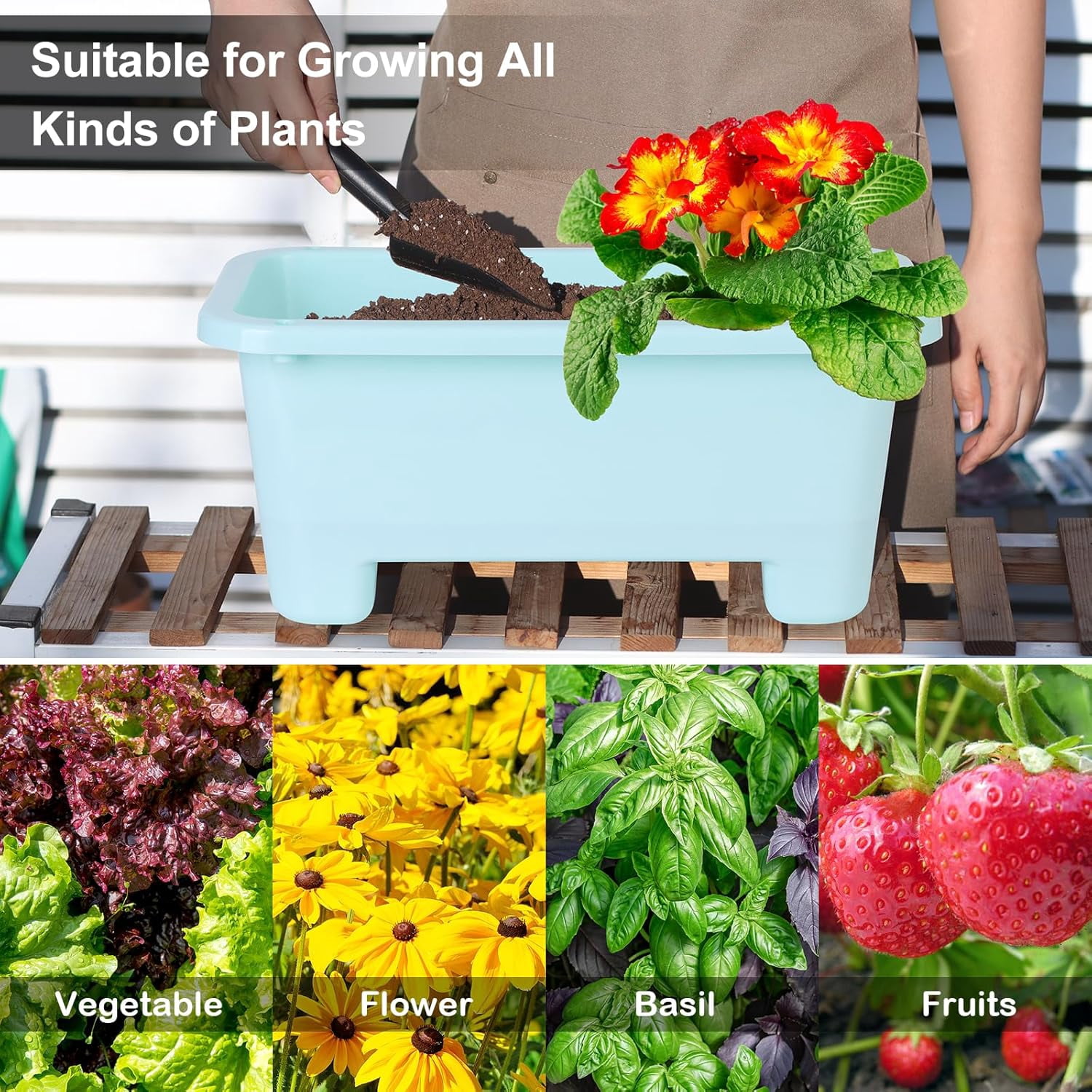 Self-Watering Rectangle Planter Boxes 8-Pack, 15.7-Inch Window Box Planter with Drainage Holes & Trays, Pots for Vegetables, Herbs, Flowers, Garden Windowsill Balcony (Sky Blue)
