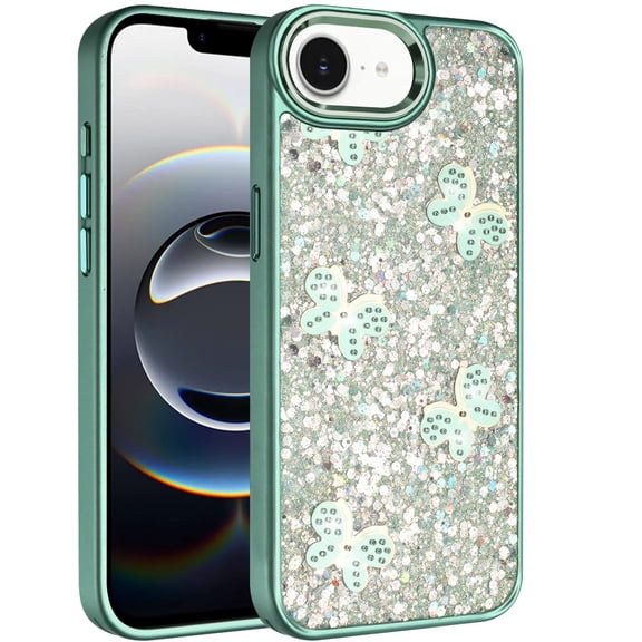 XPM for Apple iPhone 17E /16E Cute Butterfly Crystal Diamond Glitter Case Sparkle Bling Frame Metallic Edges, Shimmer TPU Hybrid Phone Case Cover (Teal)
