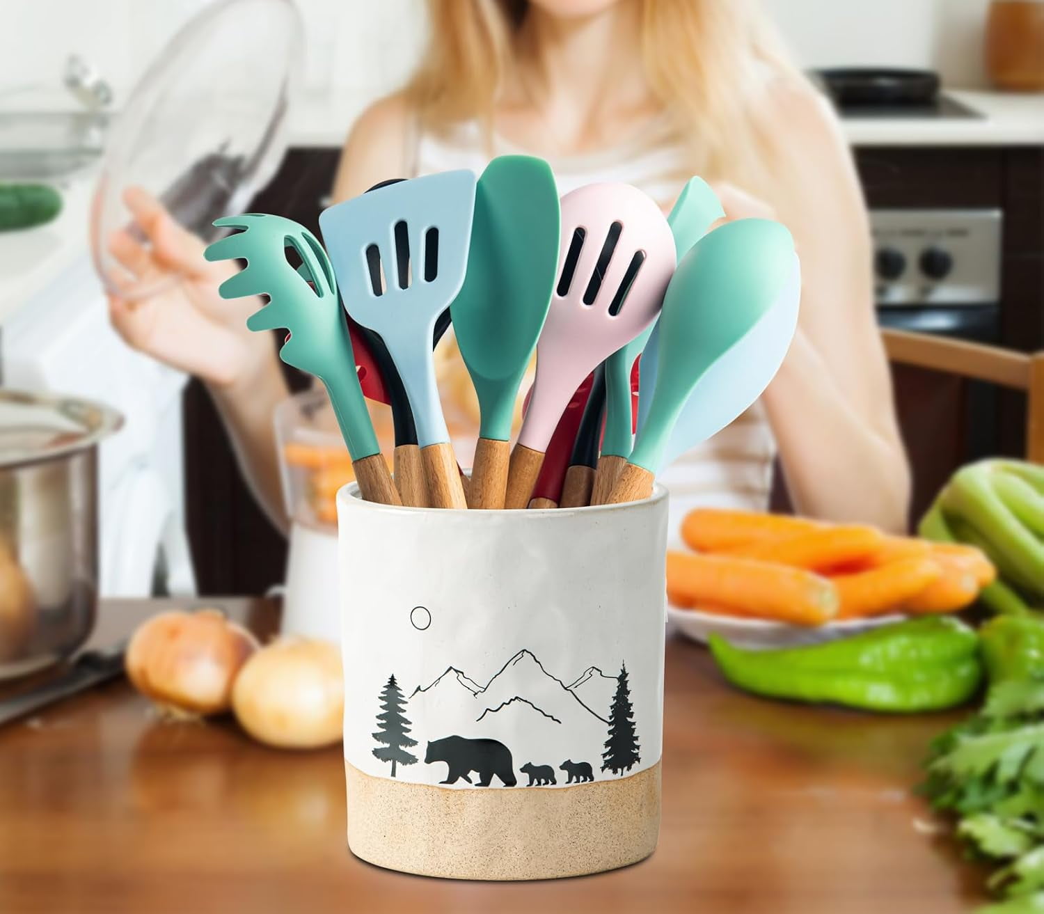 Bear Ceramic Kitchen Countertop Utensil Crock White Large Cooking Utensil Holder