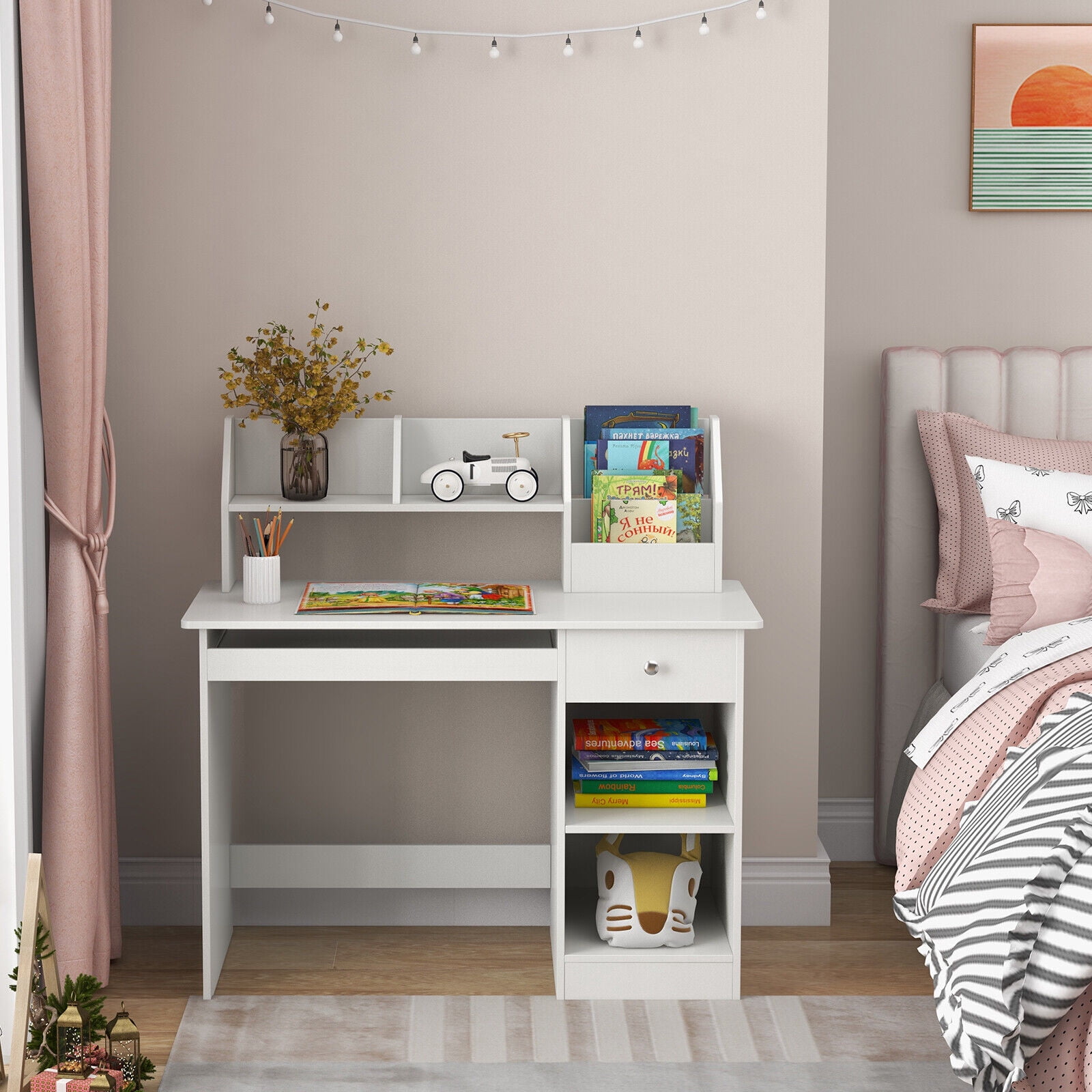Amijoy Children's desk, children's writing desk, with kitchen cabinet, drawers, storage rack and keyboard tray, suitable for 3+home school students' wooden computer desk