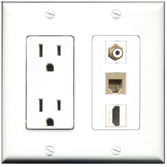 Ultra Spec Cables 15 Amp Power Outlet 1 Port HDMI 1 Port RCA 1 Port Phone RJ11 RJ12 Beige Wall Plate
