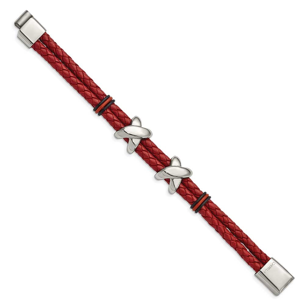 Primal Steel Stainless Steel Red Leather and Rubber 8in Bracelet