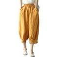 thumbnail image 2 of Cotton Linen Capri Harem Pants for Women Elastic Waist Loose Fit Ruffle Hem Baggy Cropped Pants with Pockets Womens Capris, 2 of 9