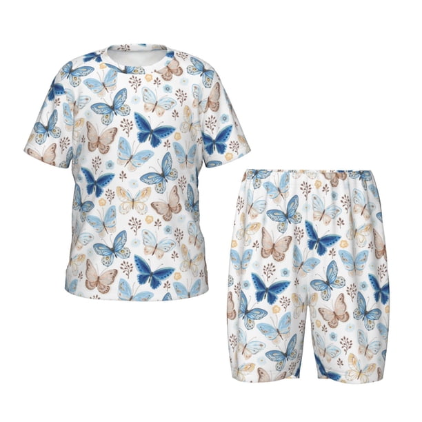 Fotbe Butterfly Pijama Estampada de 2 Piezas para Niños – Ropa de Dormir de Manga Corta Cómoda para Niños y Niñas, Camiseta y Shorts de Algodón-Large