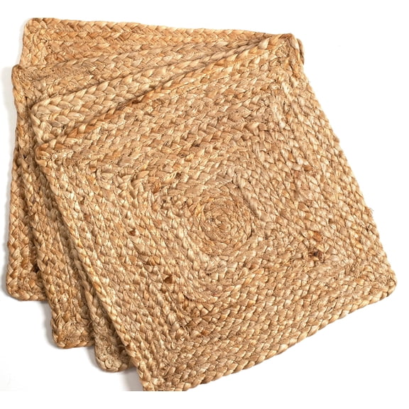 Savi Home 100% Jute Braided Placemats Set of 4 Reversible (Natural 13x13 Square) Farmhouse Vintage Jute Placemats for Dining Table, Perfect for Indoor Outdoor