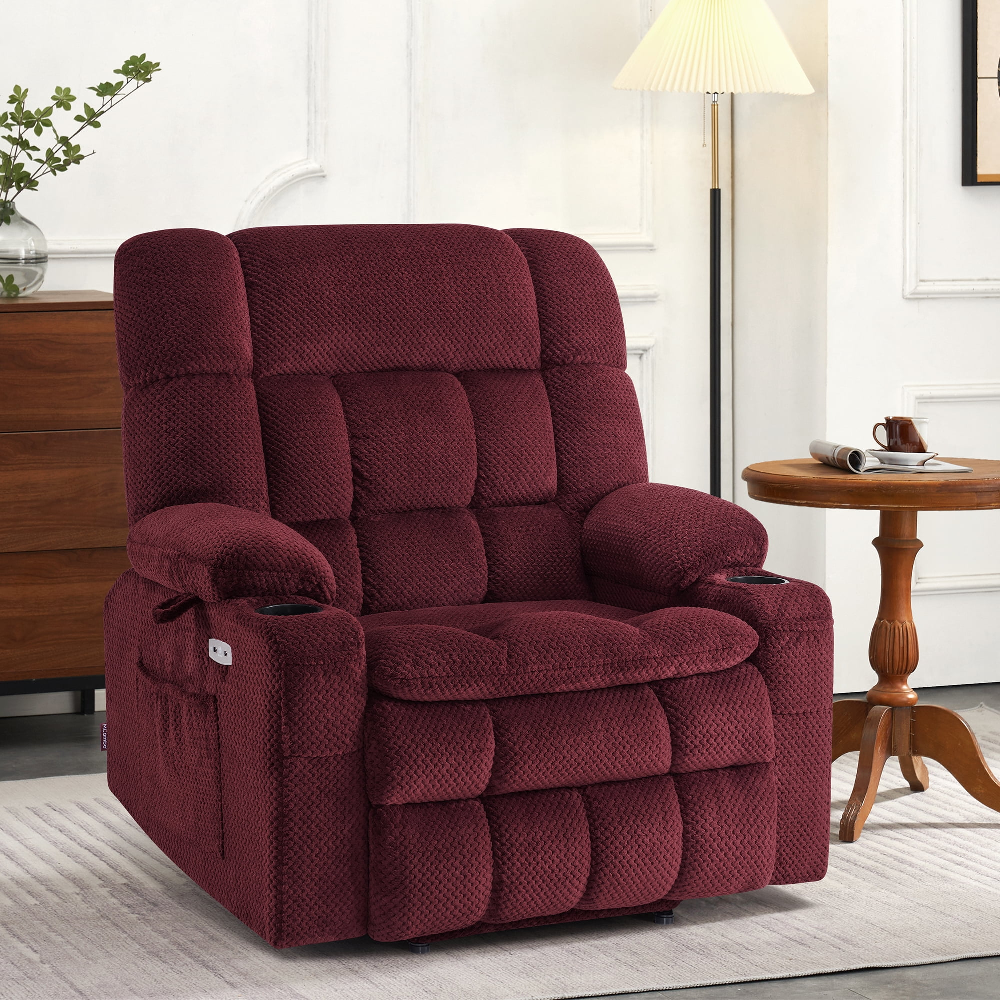 MCombo Dual Motor Power Lift Recliner with Massage and Heat for Big Elderly in Living Room, Fabric R7897, Medium-Wide, Burgundy