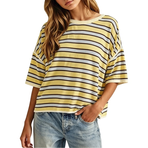 Wang6 Womens Loose Fit Graphic T Shirts Trendy Summer Short Sleeve Drop Shoulders Tops Ladies Causal Striped Printed Tees Shirts 0624liYellow XL