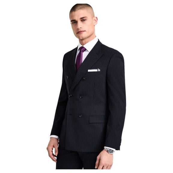 Alfani Mens Slim fit Double Breasted Suit Jacket Blazer 46 L Navy Blue Striped