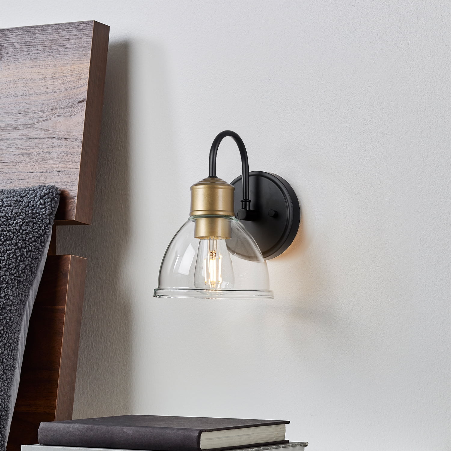 Better Homes & Gardens Indoor 1-Light Matte Black Wall Sconce, Clear Glass Shade, LED Bulb Included
