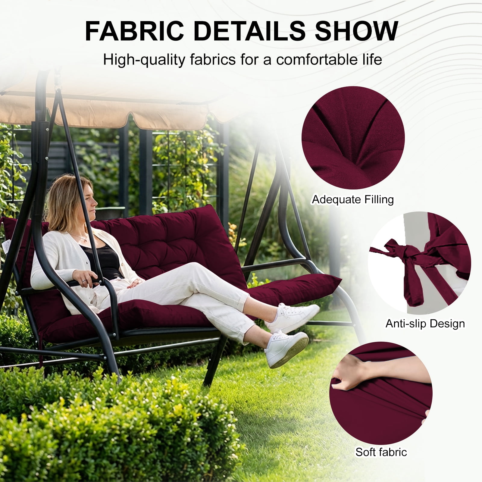 60in Outdoor Swing Cushions, Waterproof 4" Thick Porch Swing Cushion Replacement with Backrest and Ties, Comfortable 2-3 Seat Pation Swing Pad for Backyard, Garden, Lawn, Outdoor Furniture
