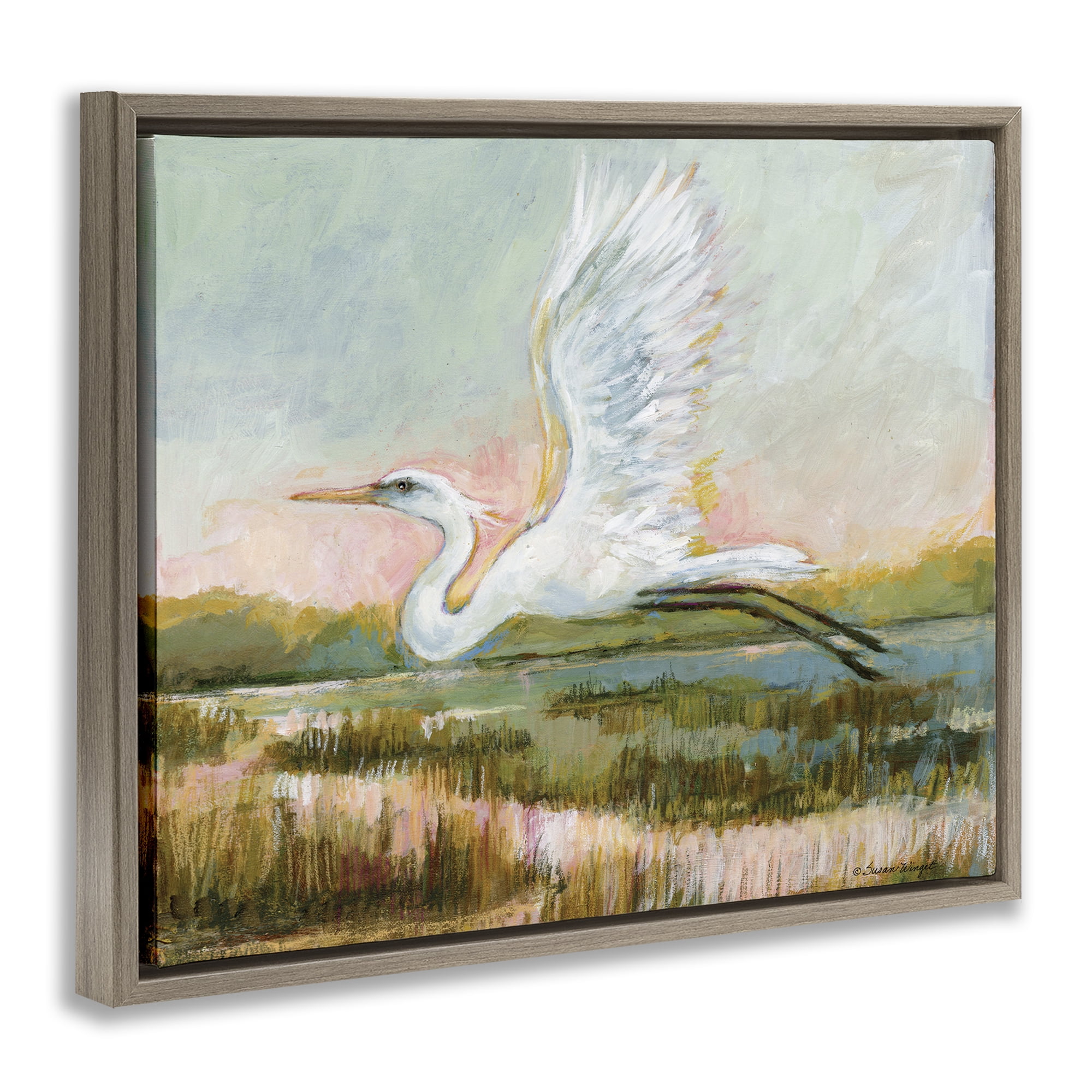Stupell Industries White Heron Flying Brown Framed Floater Canvas Wall Art, design by Susan Winget
