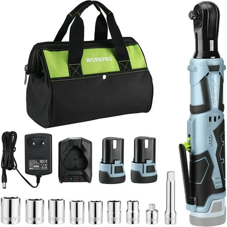 WORKPRO Cordless Electric Ratchet Wrench, 3/8" 12V 40 Ft-lbs Power Ratchet Wrench Kit with 9-Piece Socket Accessory Set, 2-Pack 2.0Ah Lithium-Ion Batteries