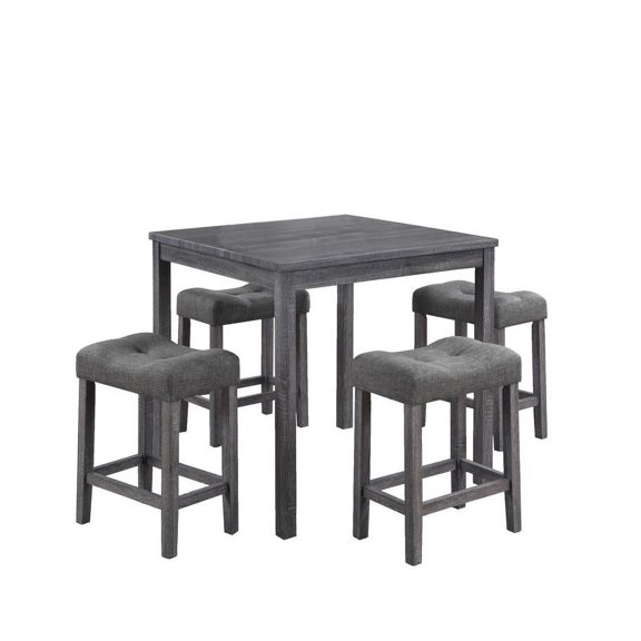 Lucian Gray Wood Finish 5 Piece 36" Pub Table Set with Tufted Gray Linen Stools