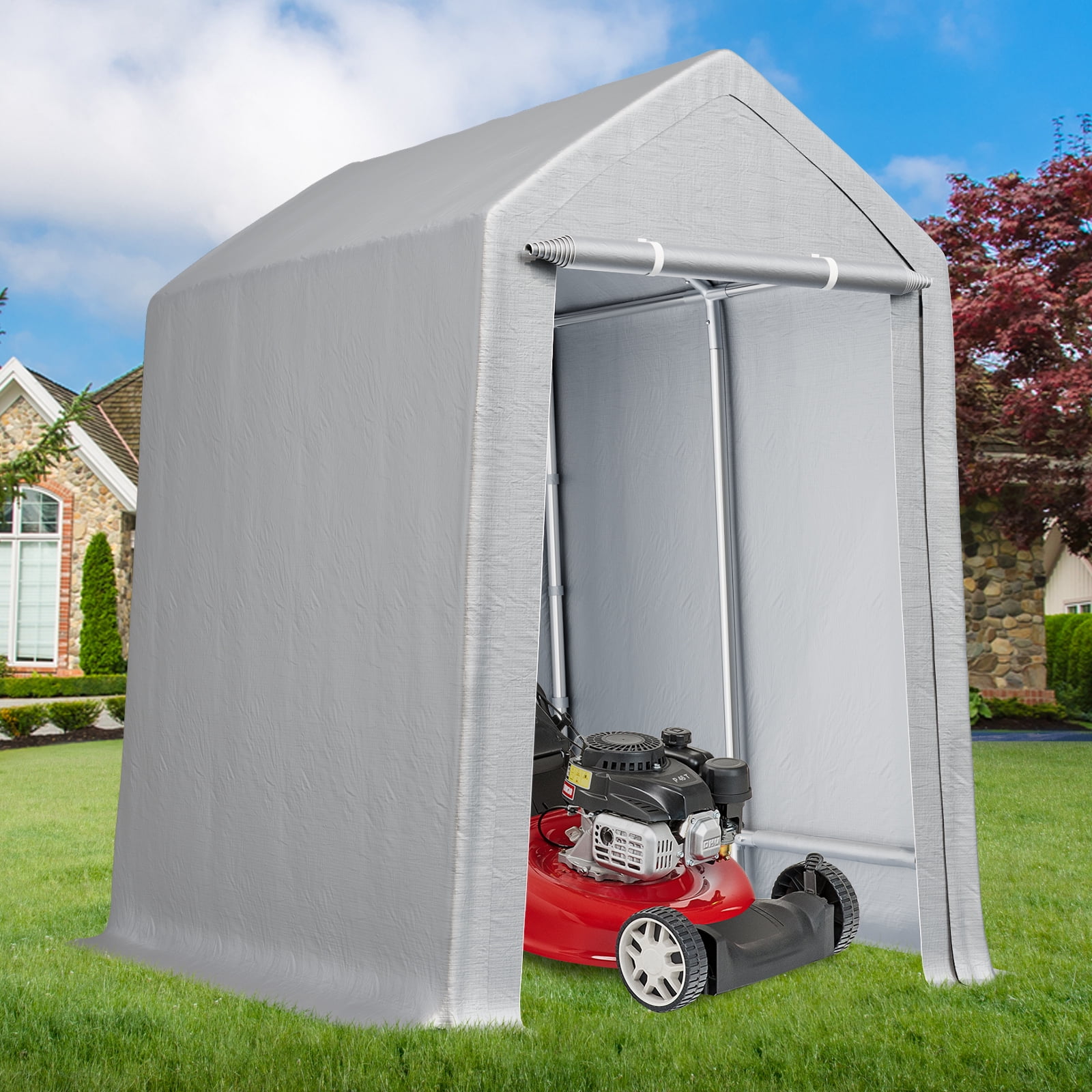 M optimized 12x12 FT Outdoor Portable Storage Shed Motorcycle Covers Storage Shelter, Heavy Duty Storage Tent Tarp Sheds with Roll-up Zipper Door for Bike, Garden Tools, Gray