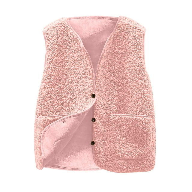 WUANDIXFA Veste en Molleton Teddy Veste en Molleton Filles Garçons Veste Sans Manches en Molleton Veste Unie à Col en V Veste Ample Confortable Rose, 5-6 Ans