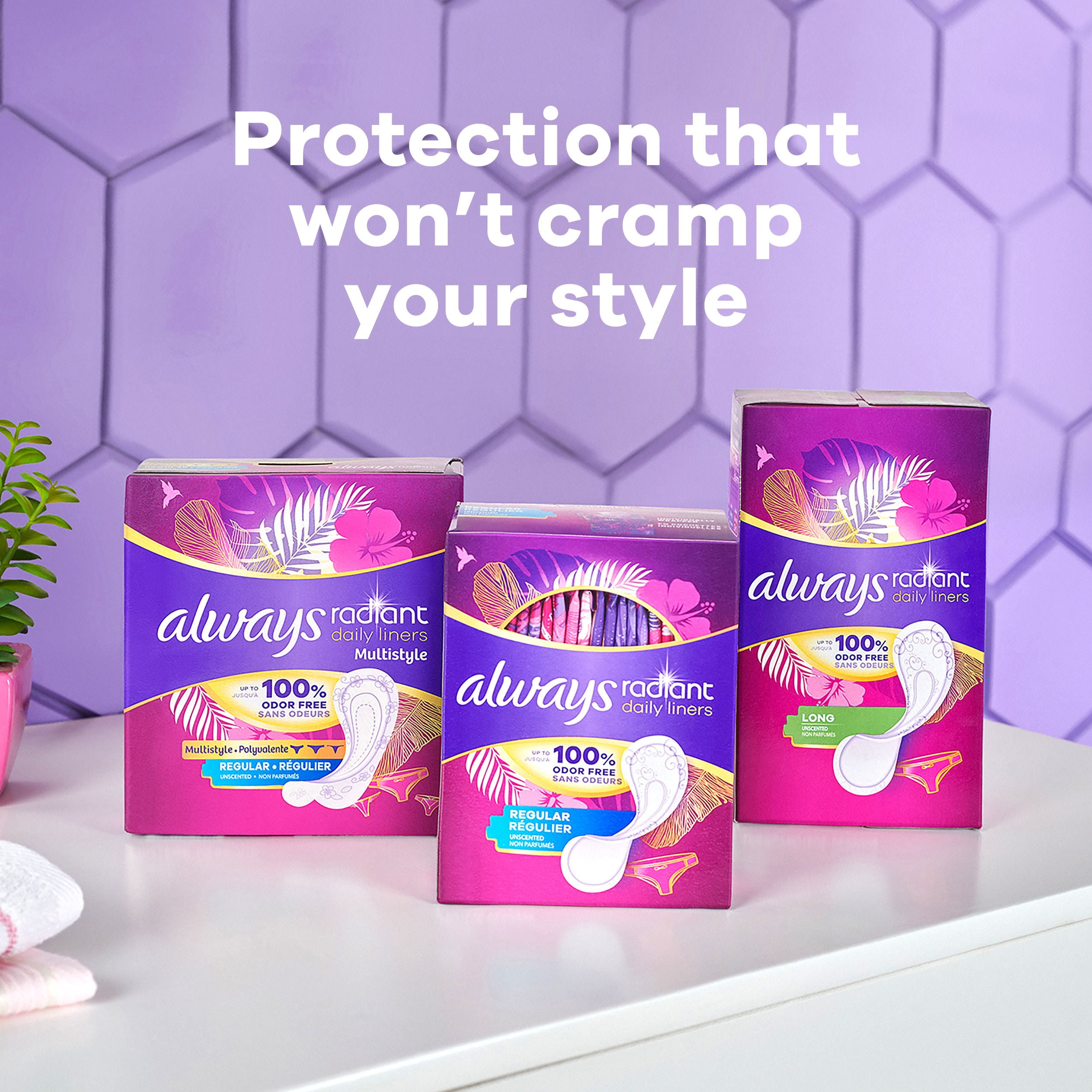 Protège-dessous quotidiens Always Radiant, longueur régulière, degré d’absorption léger, jusqu’à 100% sans odeurs et sans parfum, avec bande adhésive sur toute la longueur Edge-2-Edge, 96protège-desso 96CT