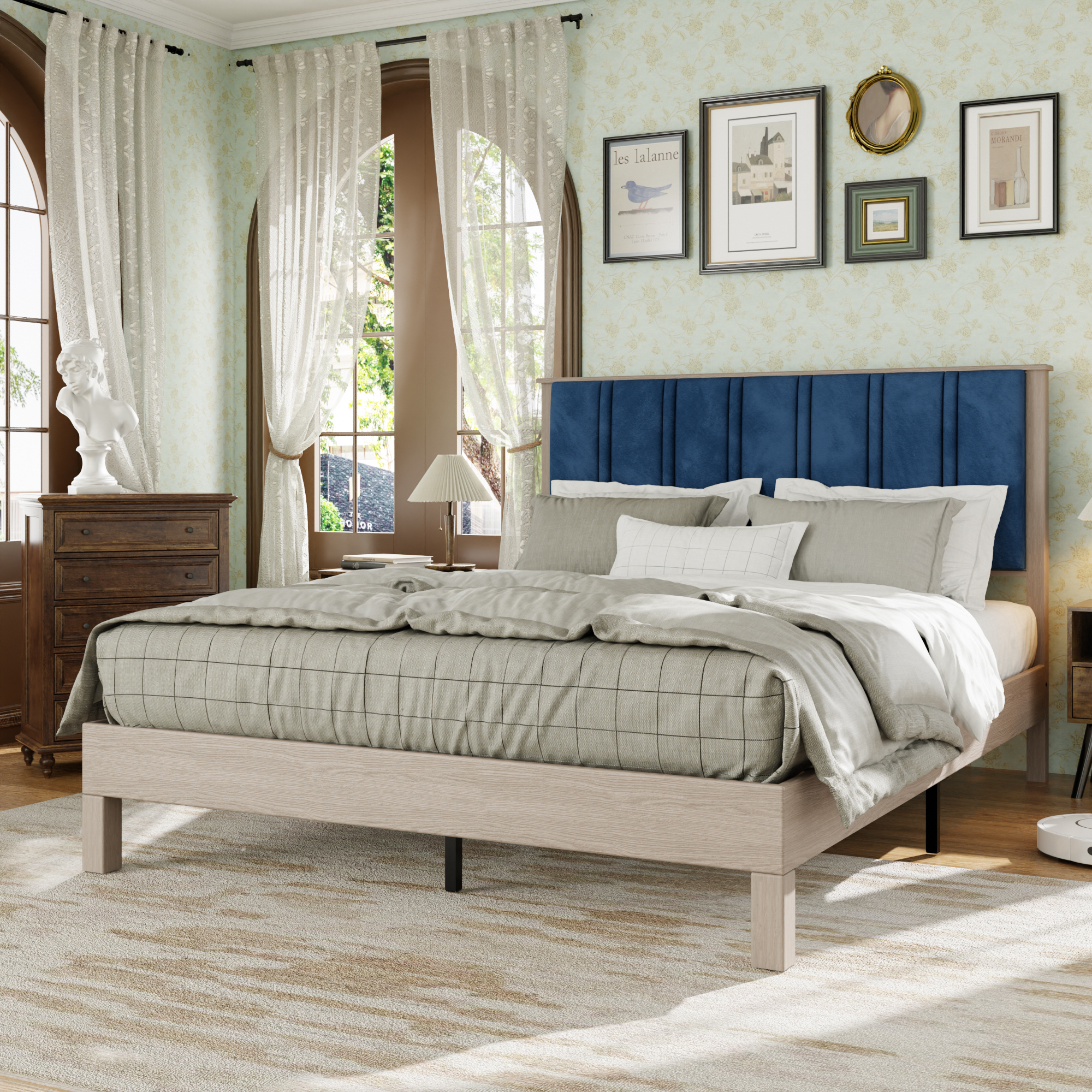 Queen Size Bed Frame with Upholstered Headboard,Wood Platform Bed Frame with Wood Slat Support, Mattress Foundation for Adults Kids,Easy Assembly