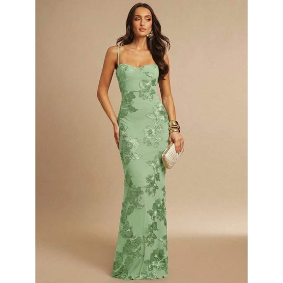 Mist Green 3D Floral Embroidered Bodycon Slip Maxi Dress For Women