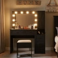 thumbnail image 6 of T4TREAM Farmhouse Vanity Desk with LED Lighted Mirror, Rustic Makeup Vanity Desk with Power Outlet, 3 Drawers and Stool for Bedroom, Black, 6 of 10