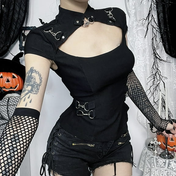 Women Vintage Punk Tees Dark Academia Gothic Hollow Out Short Sleeve Crop Tee Tops Streetwear Y2K Grunge Indie Clothes