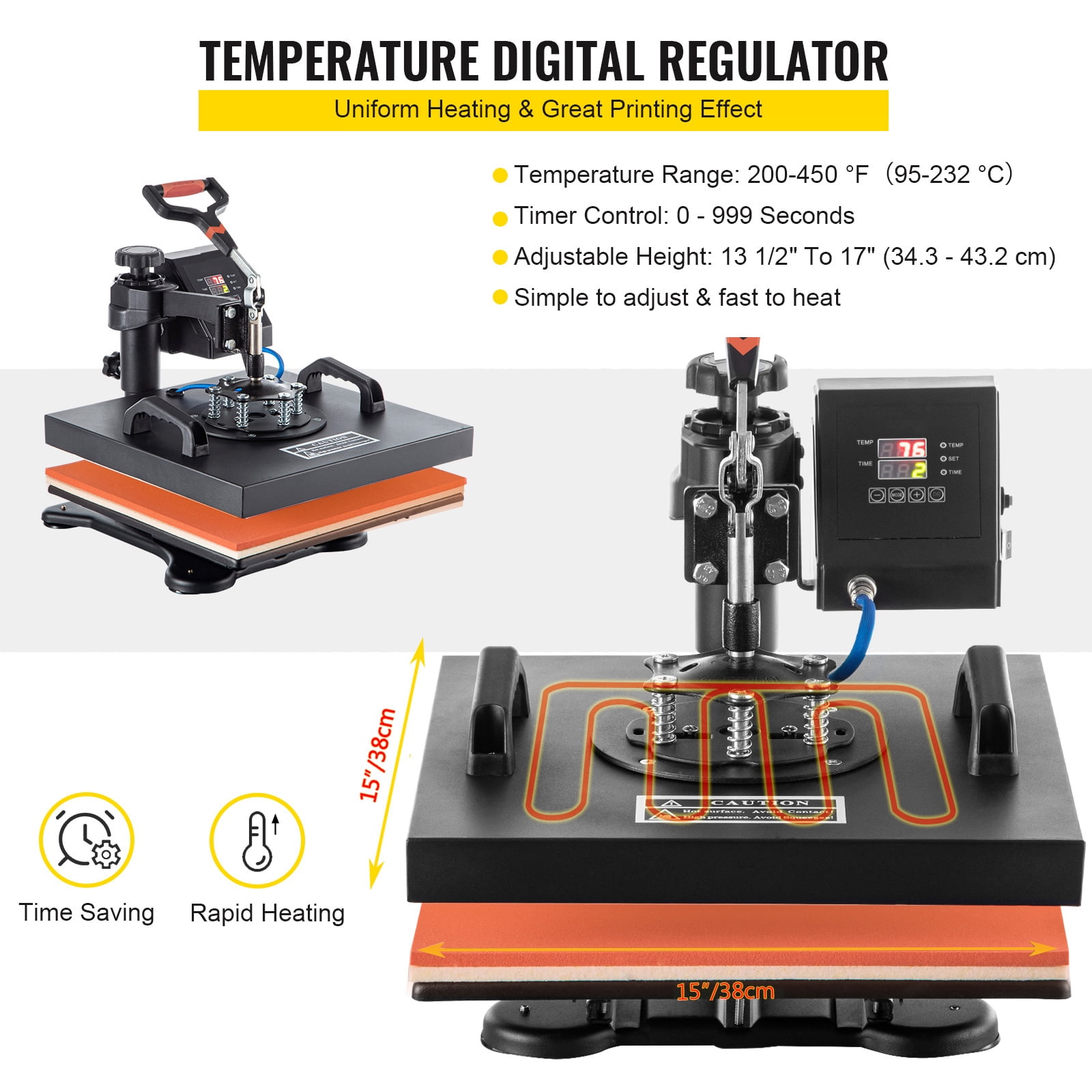 SKYSHALO 5 in 1 Heat Press, 15x15 Inch Multifunctional Clamshell Printer, Digital Panel Heat Press Transfer Machine, 360° Swing Away Sublimation Machine for T-shirt Hat Cap Mug Plate Bag