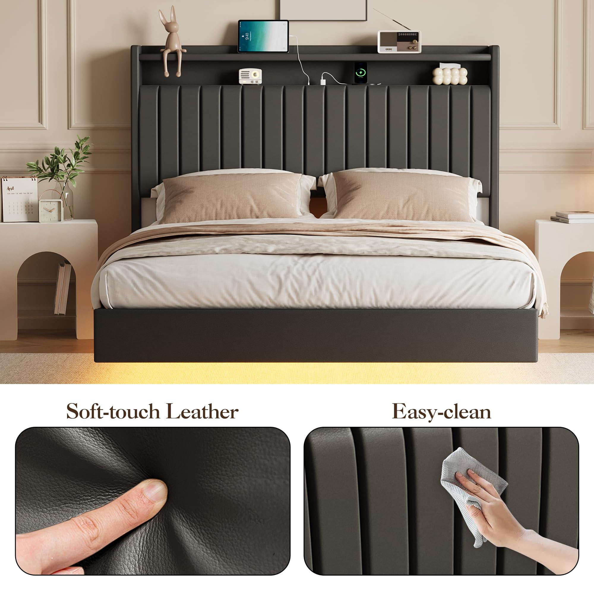 Towallmark Queen Size Floating Bed Frame with LED Lights & Charging Station,Upholstered Leather Platform Bed Frame with Headboard,50" Tall Floating Bed with Stable Structure,Black