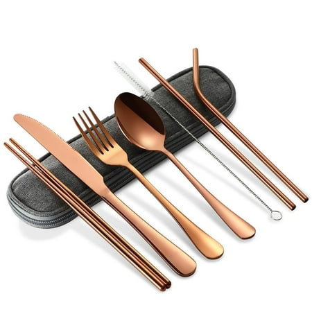 

Stainless Steel Tableware Set Portable Straw Chopsticks Spoon Fork Set with Storage Bag Dinnerware Set