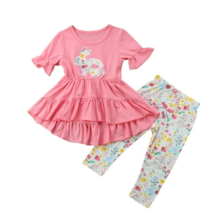 2PCS Easter Kids Baby Girls Outfits Clothes Ruffle T-shirt Tops Dress+Floral Pants Leggings Set 1-2 Years