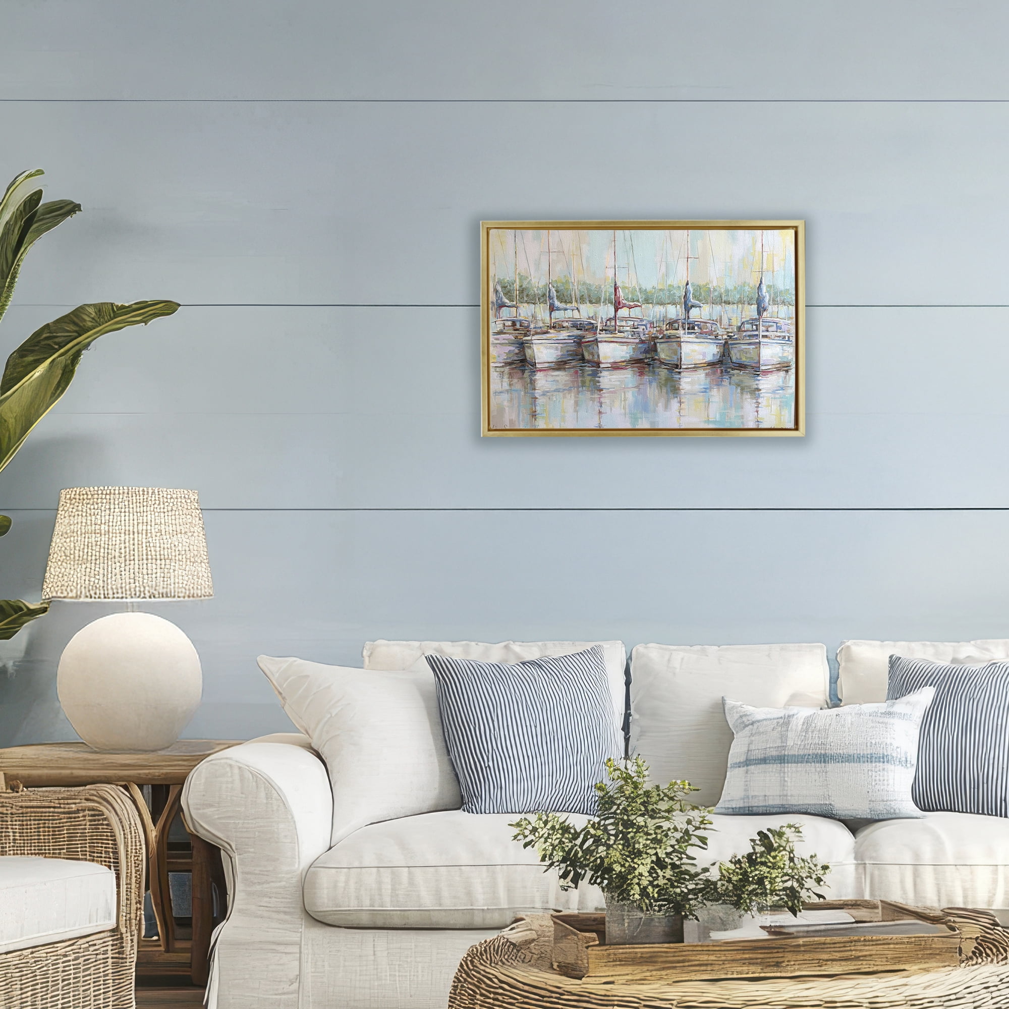 Stupell Industries Morning At The Marina Gold Framed Floater Canvas Wall Art, design by Linda Sperruzzi