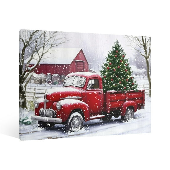 Vintage Christmas Red truck carrying Christmas tree Wall Art Paint Framed - Retro Xmas Festive Winter Holiday Christmas Wall Decor Canvas Print for Living Room Kitchen Bathroom Home Bedroom Decor