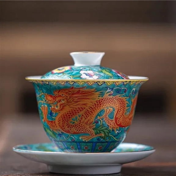 Color Enamel Tea Bowl With Saucer Kung Fu Tea Cup Chinese Gaiwan Ceramic Dragon Hand-Painted Tea Set