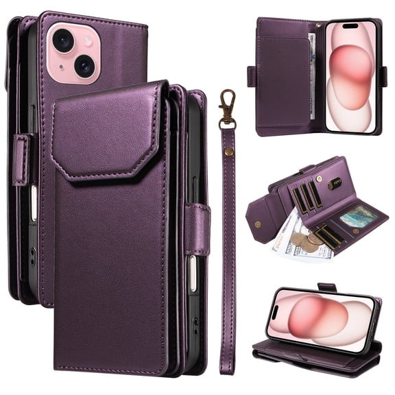 Compatible with iPhone 15 Plus Case Wallet with Strap RFID Blocking Card Holder, Multifunctional Wallet Purse Handbag Premium PU Leather Magnetic Flip Kickstand Phone Case,Purple